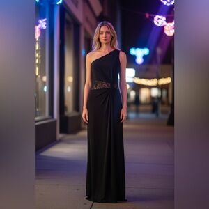 Kay Unger Dress Formal Gown One Shoulder Sequin Accents Black Gown Dress